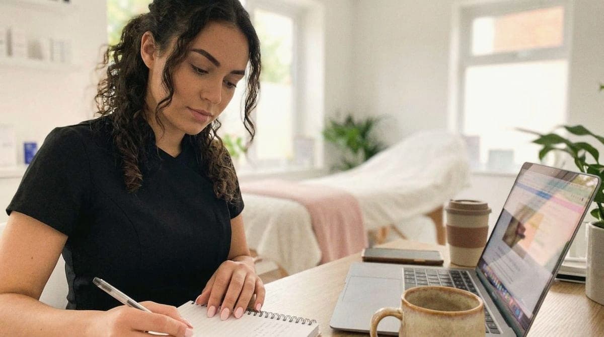 A practitioner logs her learning beside her laptop between clients.