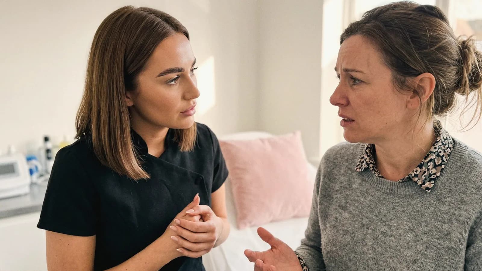 A practitioner listens carefully to a returning client.